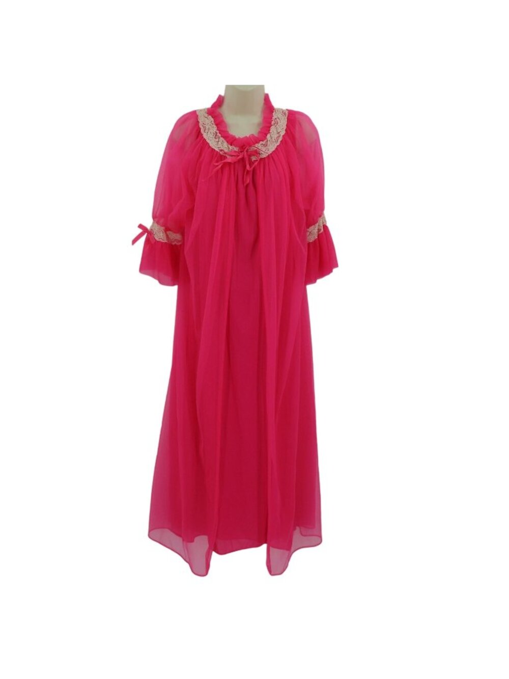 VTG Union Made Women Medium Pink Sheer Nightgown Dress Robe Set Solid Pink Lace
